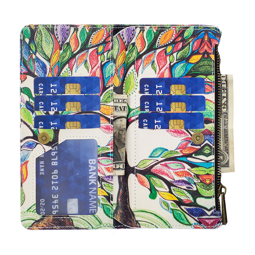 BF03 Zipper Pocket Phone Cover for iPhone 15 Pro Max , Pattern Printing Stand PU Leather Wallet Case - Life Tree BF03 Zipper Pocket Phone Cover for iPhone 15 Pro Max , Pattern Printing Stand PU Leather Wallet Case - Life Tree